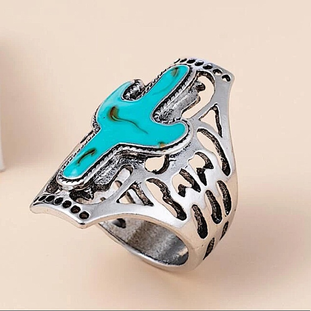 BOHO SILVER TURQUOISE CACTUS RING - Picture 2 of 3